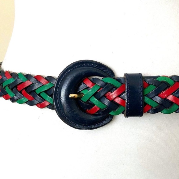 Vintage Italian braided leather belt navy green red woven adjustable